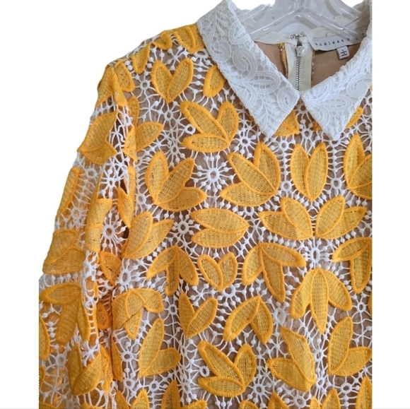 Endless Rose Long Sleeved Lace Mini Dress Large Collar Crochet Lace Yellow White - Picture 5 of 9